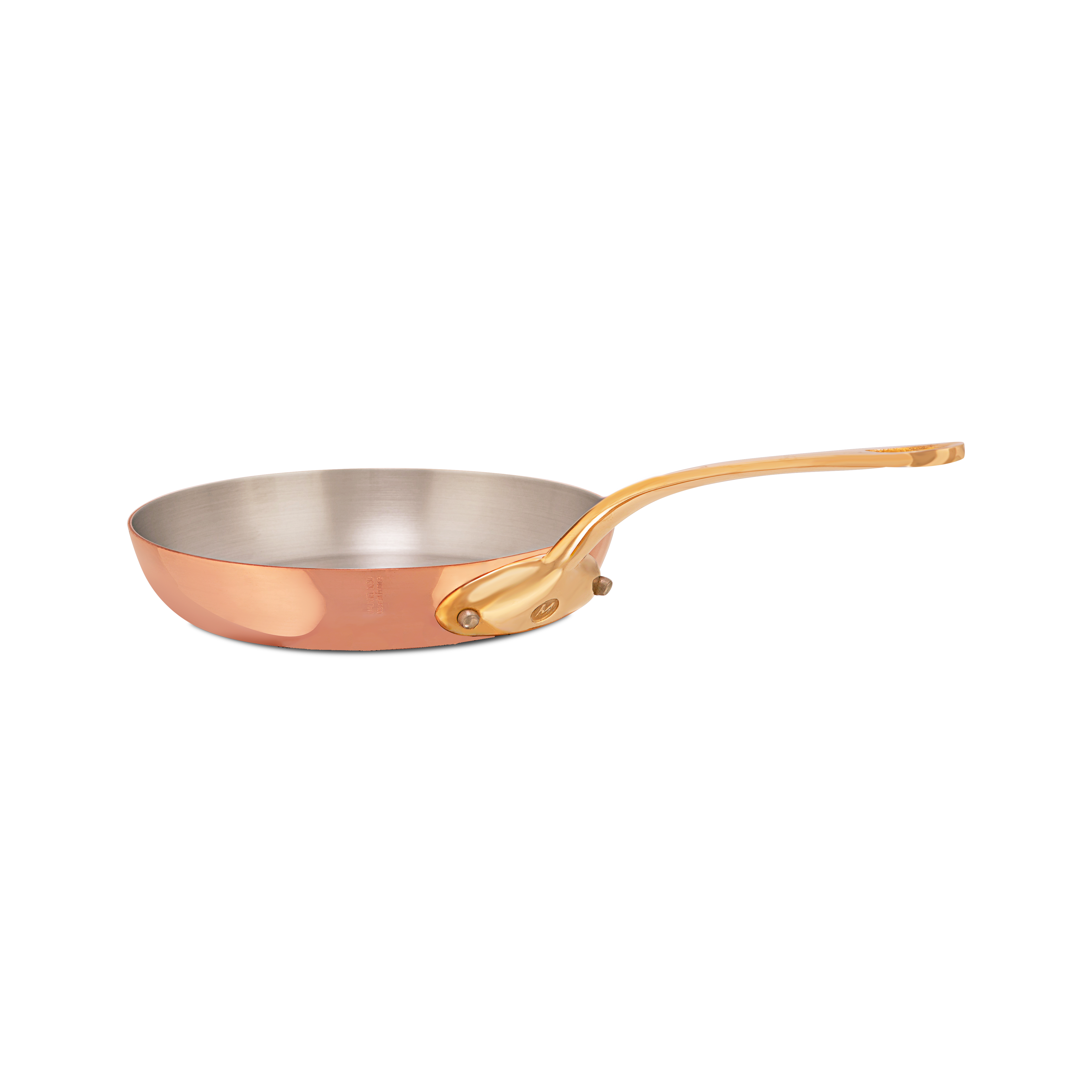 Mauviel M'Heritage M'200 B copper frying pan with brass handle, showing its shiny copper surface and sturdy handle design.
