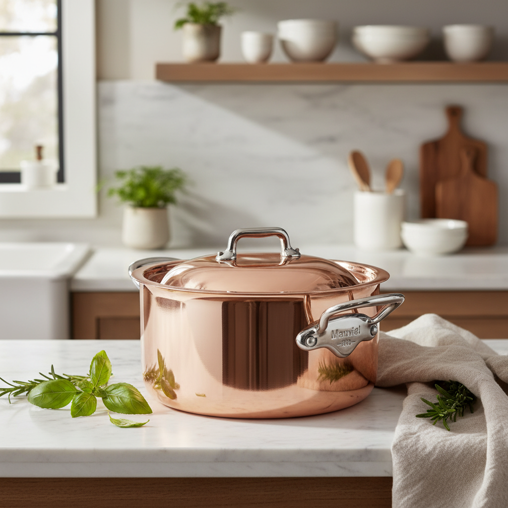 Mauviel M'6 S induction copper stewpan with lid, stainless steel handles, showcasing its polished copper body and sturdy design.