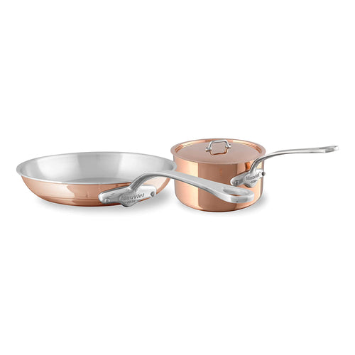 Mauviel M'TRIPLY S Polished Copper & Stainless Steel Sauce Pan With Lid 2.6-qt and Frying Pan 11.8-in Bundle - Mauviel USA