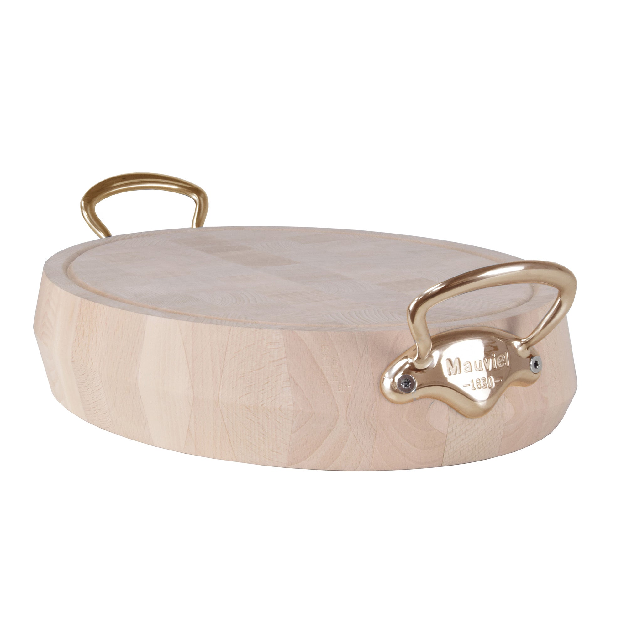Mauviel Savoir Vivre chopping block with brass handles, wooden cutting board for kitchen prep and serving.