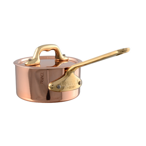 Mauviel 1830 Mauviel M'MINIS Copper Sauce Pan With Lid, Brass Handles, 3.54-In Mauviel M'MINIS Copper Sauce Pan With Lid, Bronze Handles, 3.54-In - Mauviel USA
