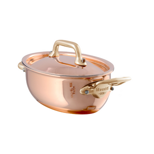 Mauviel 1830 Mauviel M'MINIS Copper Oval Stew Pan With Lid, Brass Handles, 0.42-Quart Mauviel M'MINIS Copper Oval Swetpan With Lid, Bronze Handles, 4.72-In - Mauviel USA