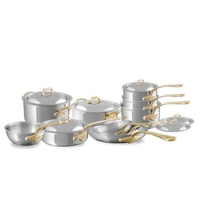 Mauviel 1830 Mauviel M'COOK B 5-Ply 16-Piece Cookware Set With Brass Handles Mauviel M'COOK 5-Ply Polished Stainless Steel 16-Piece Cookware Set With Brass Handles - Mauviel USA