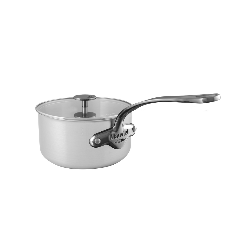 Mauviel M'URBAN 3 ONYX Brushed Sauce Pan With Glass Lid, Onyx Handle, 1.8-Qt - Mauviel USA
