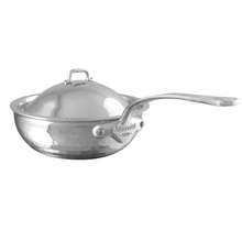 Mauviel Mauviel M'ELITE Hammered 5-Ply Curved Splayed Saute Pan With Dome Lid, Cast Stainless Steel Handle, 3.4-Qt Mauviel M'Elite Curved Splayed Saute Pan With Dome Lid, Cast Stainless Steel Handles, 3.4-Qt - Mauviel USA