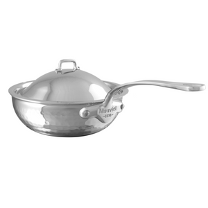 Mauviel 1830 Mauviel M'ELITE Hammered Curved Splayed Saute Pan With Dome Lid, Cast Stainless Steel Handle, 1.1-Qt Mauviel M'Elite Curved Splayed Saute Pan With Dome Lid, Cast Stainless Steel Handles, 3.4-Qt - Mauviel USA