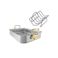 Mauviel Mauviel M'Cook B Roasting Pan With Rack, Brass Handles, 15.7 x 11.8-in Mauviel M'COOK B 5-Ply Roasting Pan With Rack, Brass Handles, 15.7 x 11.8-in - Mauviel USA