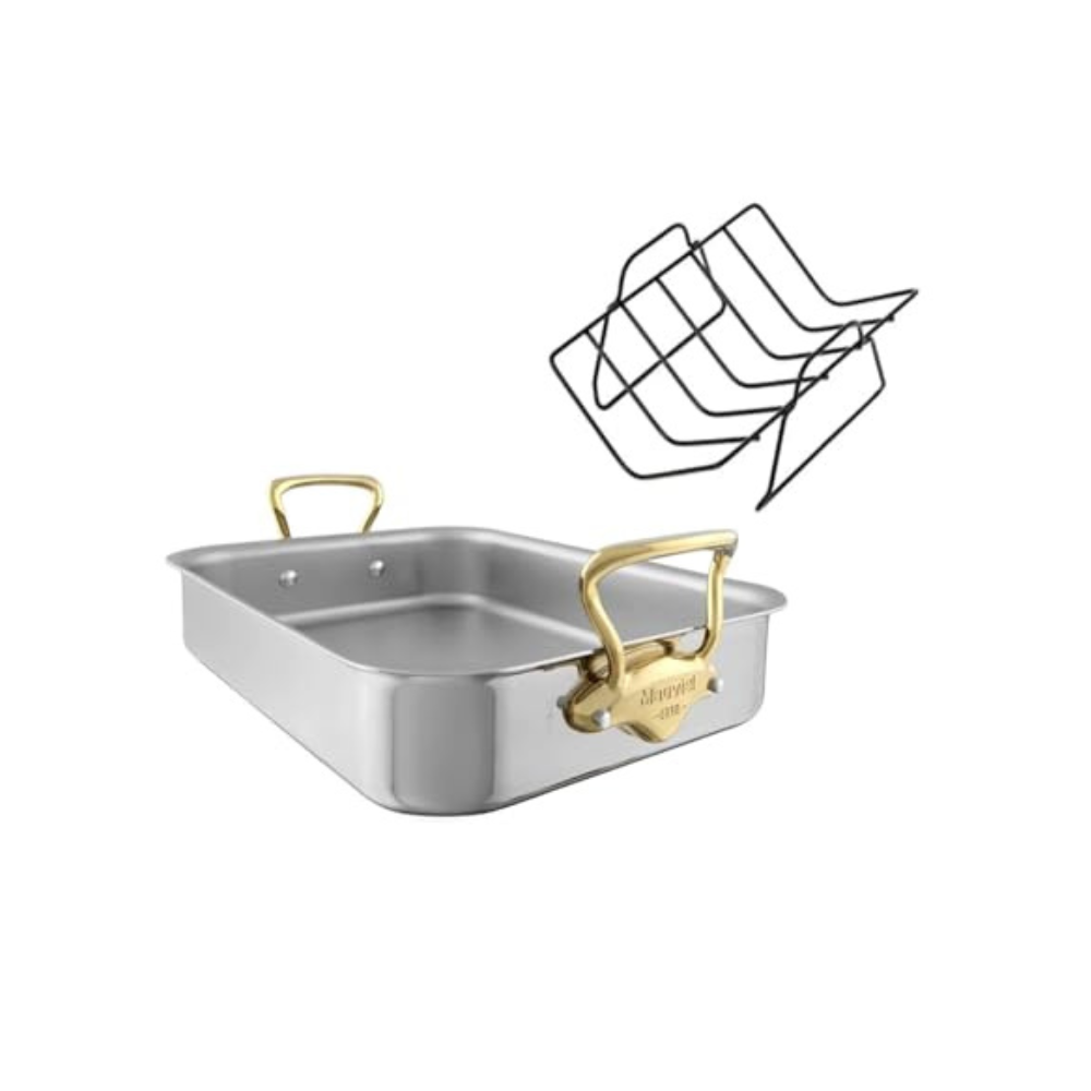 Mauviel M'Cook B Roasting Pan With Rack, Brass Handles, 15.7 x 11.8-in