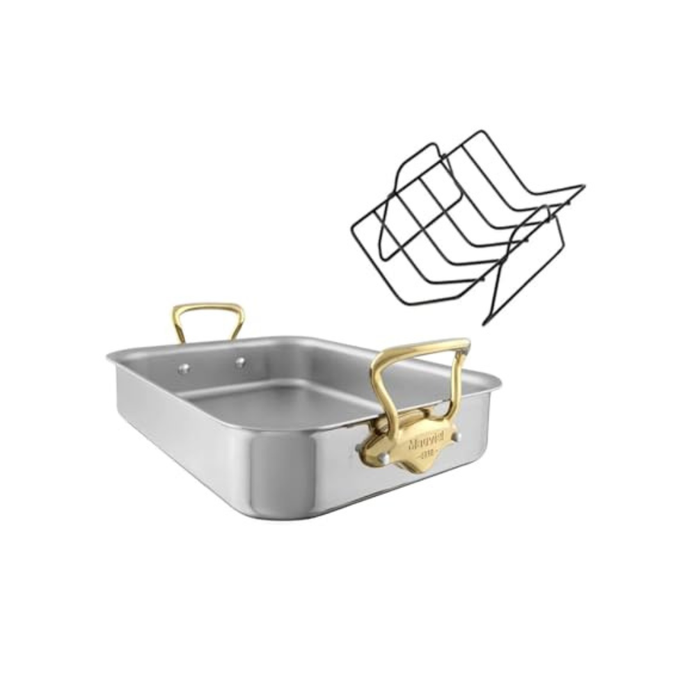 Mauviel M'COOK B 5-Ply Roasting Pan With Rack, Brass Handles, 15.7 x 11.8-in - Mauviel USA