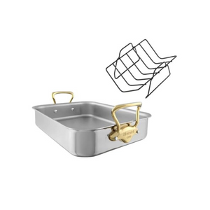 Mauviel M'COOK B 5-Ply Roasting Pan With Rack, Brass Handles, 13.7 x 9.8-In - Mauviel USA