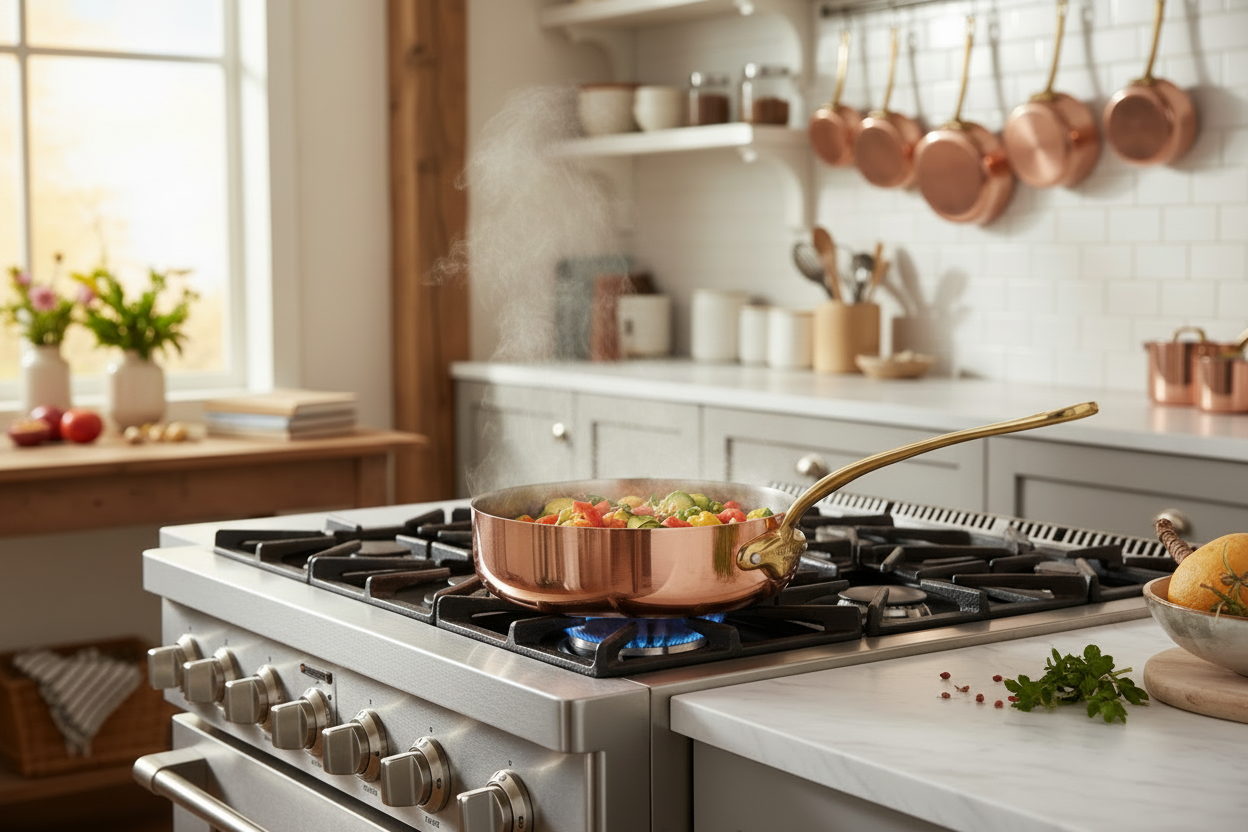 Mauviel M'Heritage M'150 B copper saute pan with brass handle and lid, showcasing its polished copper surface and sturdy construction