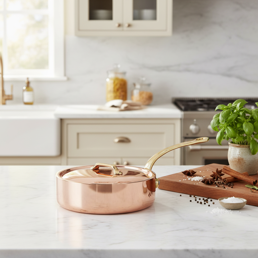 Mauviel M'Heritage M'250 B Copper Saute Pan With Lid, Brass Handle - Mauviel1830