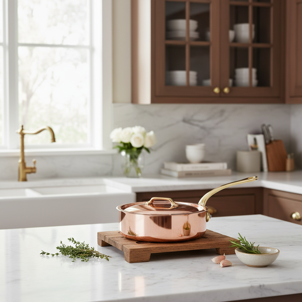 Mauviel M'Heritage M'250 B Copper Saute Pan With Lid, Brass Handle - Mauviel1830