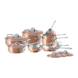 Mauviel M'Heritage M'150 S 16-Piece Copper Cookware Set With Curved Lid And Cast Stainless Steel Handles