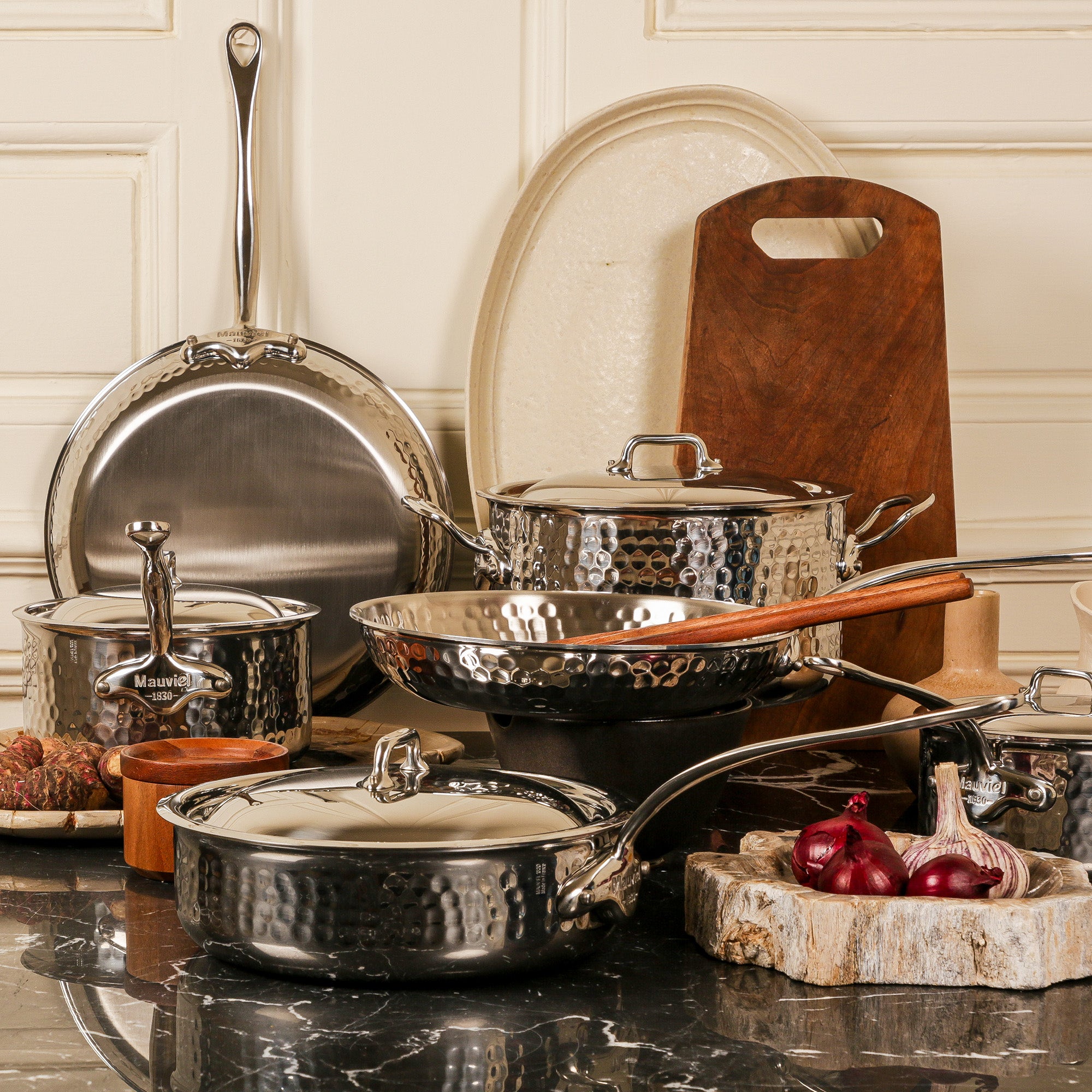 Mauviel M'ELITE Hammered 5-Ply Paella Pan With Cast Stainless