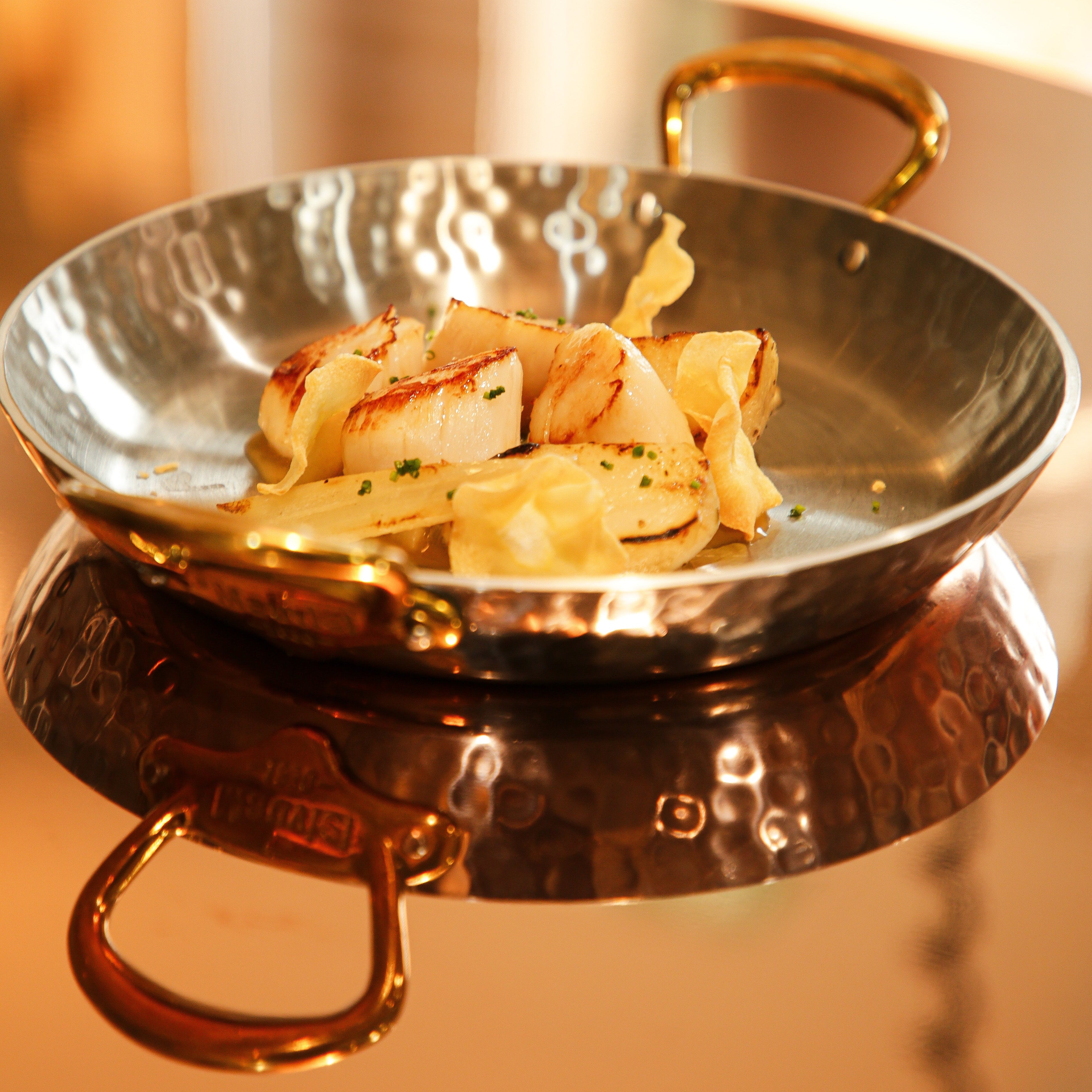 Mauviel M'ELITE B Hammered 5-Ply Round Pan With Brass Handles - Mauviel1830