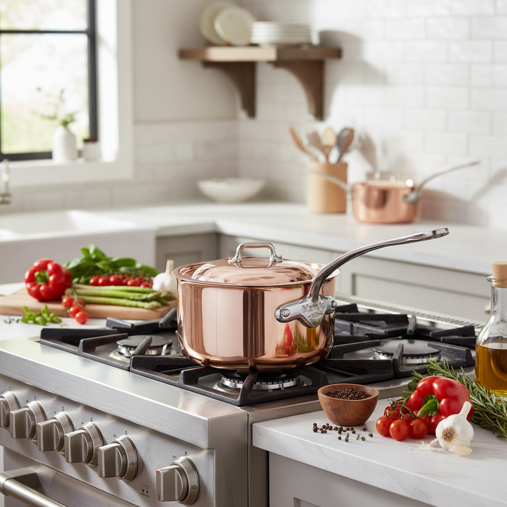 Mauviel M'6 S induction copper sauce pan with lid, stainless steel handle, shiny copper exterior and stainless steel lid.