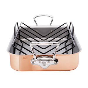 Mauviel 1830 Mauviel Copper Roasting Pan With Rack, Cast Stainless Steel Handles, 13.7 x 9.8-in Mauviel M'150 S Roasting Pan With Rack, Cast Stainless Steel Handles, 13.7 x 9.8-in - Mauviel USA