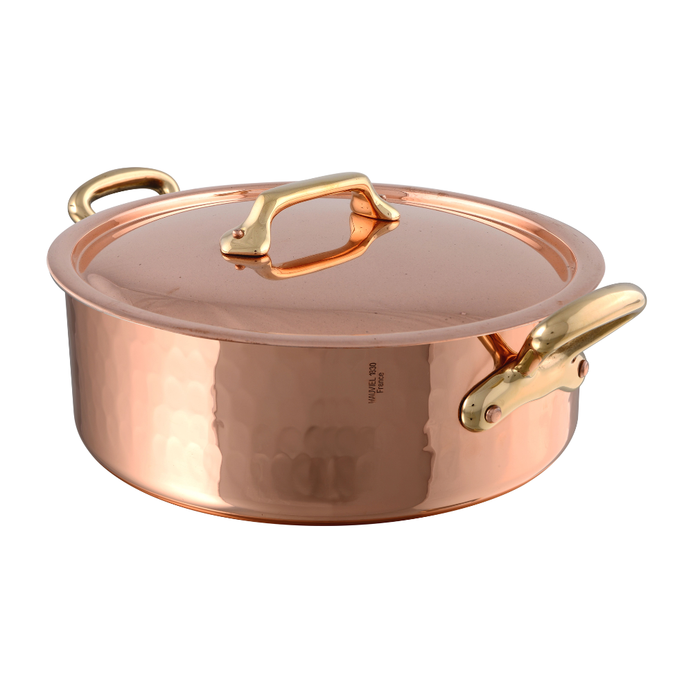 Mauviel M'Tradition Hammered Copper & Tin Inside Rondeau With Lid, Brass Handles - Mauviel1830