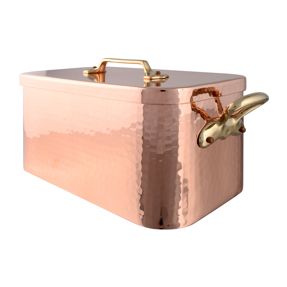 Mauviel M'TRADITION Hammered Copper & Tin Inside Rectangular Braising Pan With Lid, Bronze Handles, 11.1-Qt - Mauviel USA