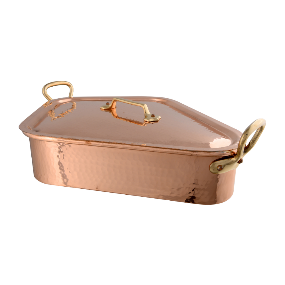 Mauviel M'TRADITION Hammered Copper & Tin Inside Turbot Kettle With Grid, Lid & Bronze Handles, 19.6 x 15.7-In - Mauviel USA