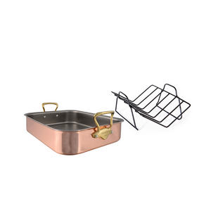 Mauviel 1830 Mauviel Copper Roasting Pan With Rack, Brass Handles, 15.7 x 11.8-In Mauviel M'200 B Roasting Pan With Rack, Bronze Handles, 15.7 x 11.8-In - Mauviel USA