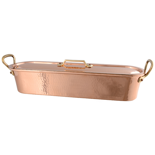Mauviel M'TRADITION Hammered Copper & Tin Inside Fish Kettle With Grid, Lid & Bronze Handle, 4-Qt - Mauviel USA