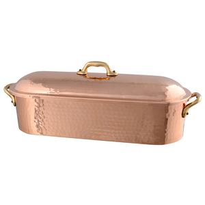 Mauviel 1830 Mauviel M'TRADITION Hammered Copper & Tin Inside Fish Kettle For Trout With Grid, Lid & Bronze Handles, 5.9-Qt Mauviel M'TRADITION Hammered Copper & Tin Inside Fish Kettle For Trout With Grid, Lid & Bronze Handle, 5.9-Qt - Mauviel USA