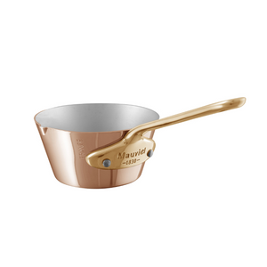 Mauviel 1830 Mauviel M'MINIS Splayed Saute Pan With Pouring Edge & Brass Handle, 3.54-In Mauviel M'MINIS Splayed Saute Pan With Pouring Edge & Bronze Handle, 3.54-In - Mauviel USA