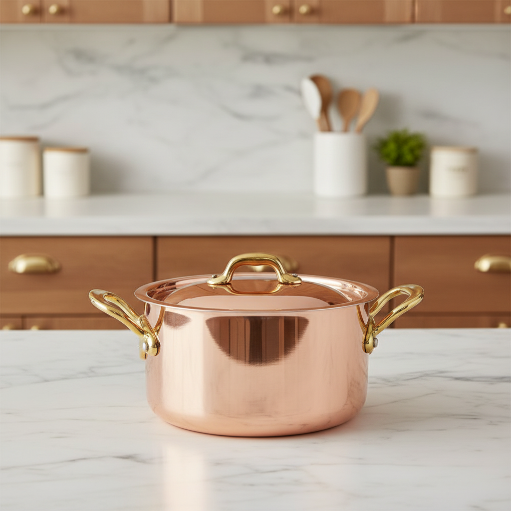 Mauviel M'Heritage M'150 B copper stewpan with lid and brass handles, showcasing shiny copper surface and sturdy construction.