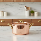 Mauviel M'Heritage M'150 B copper stewpan with lid and brass handles, showcasing shiny copper surface and sturdy construction.
