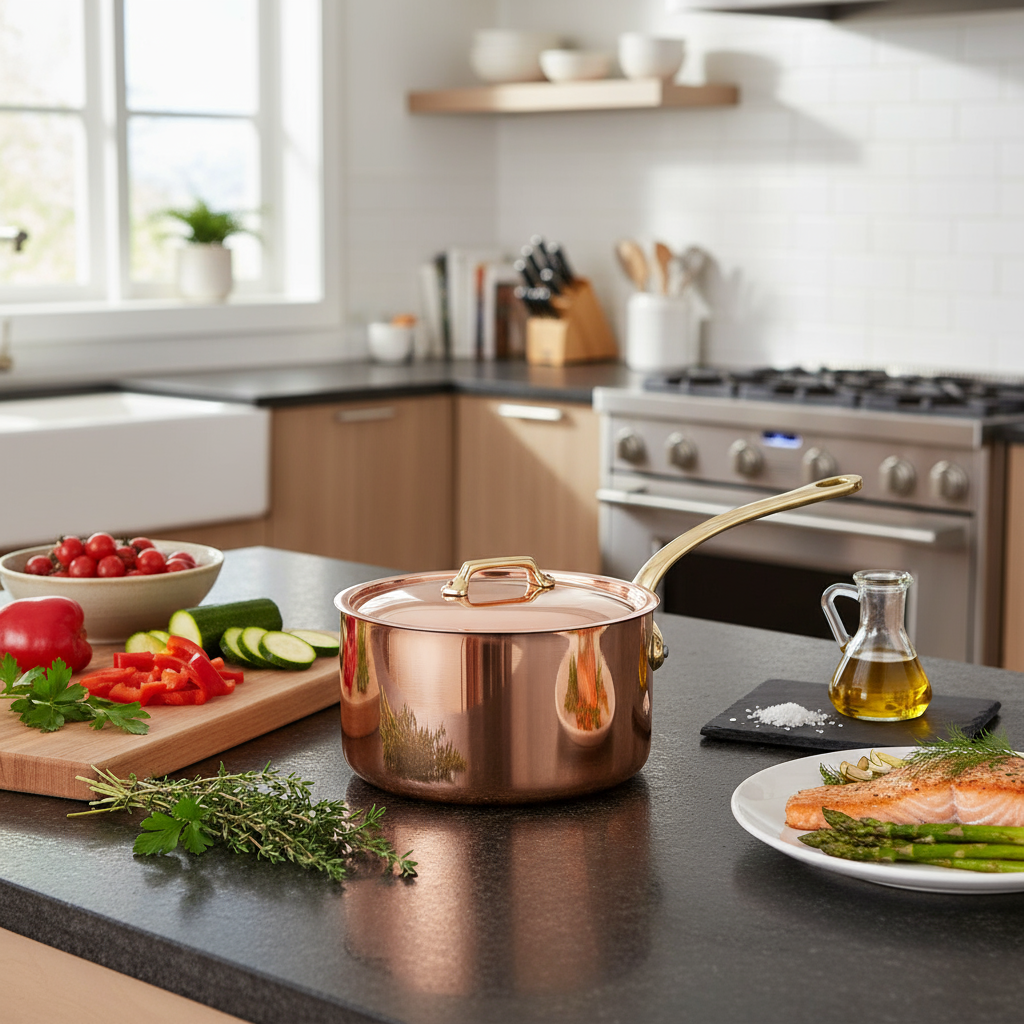 Mauviel M'Heritage M'200 B Sauce Pan With Lid, Brass Handle, 3.3-Qt - Mauviel1830