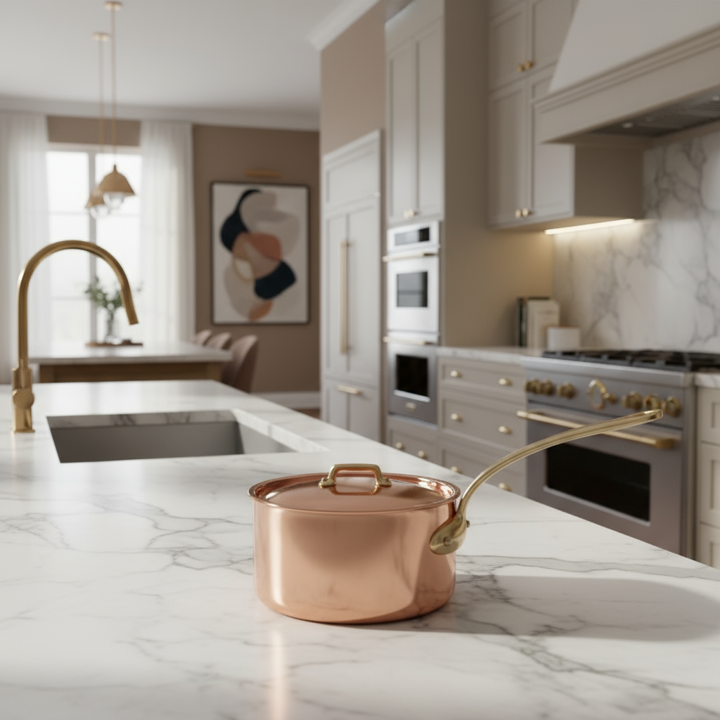 Mauviel M'Heritage M'200 B Copper Sauce Pan With Lid, Brass Handle, 2.6-Qt - Mauviel1830