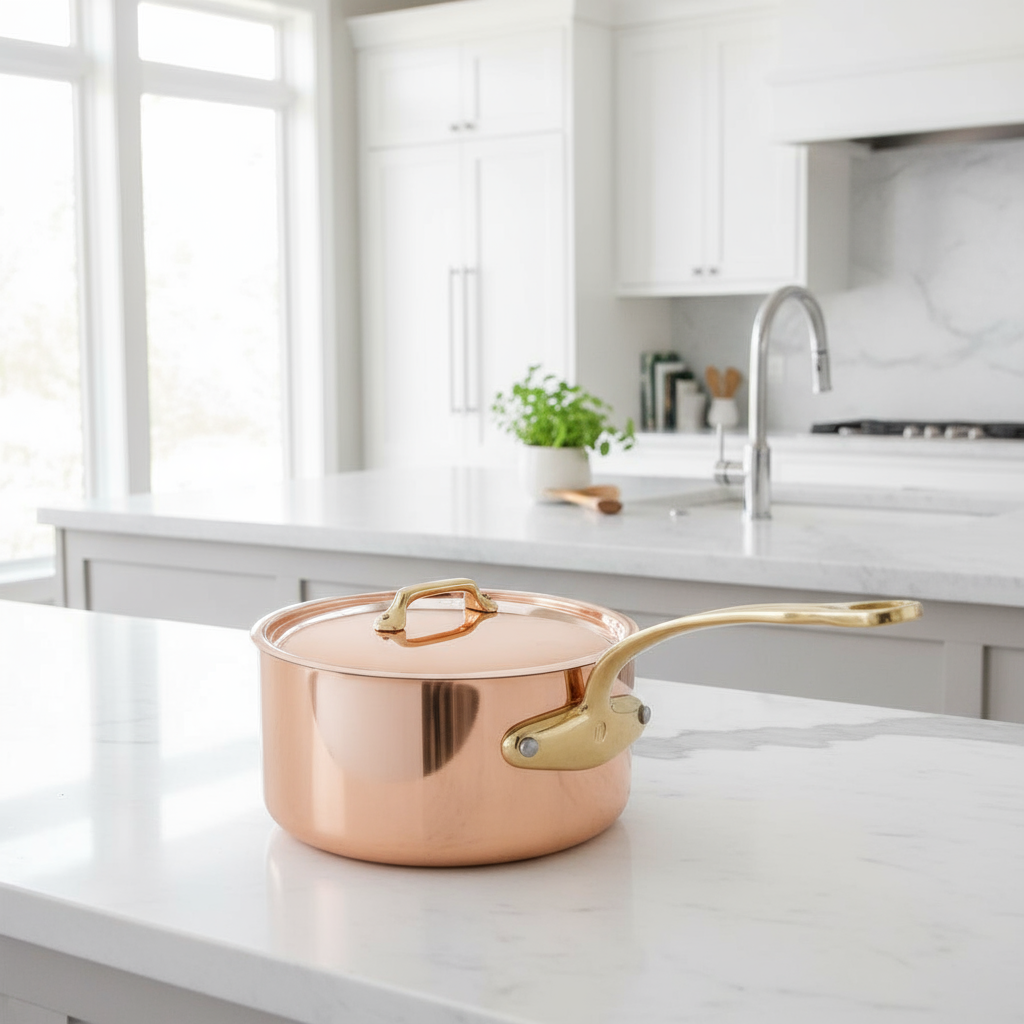 Mauviel M'Heritage M'200 B Sauce Pan With Lid, Brass Handle, 3.3-Qt - Mauviel1830