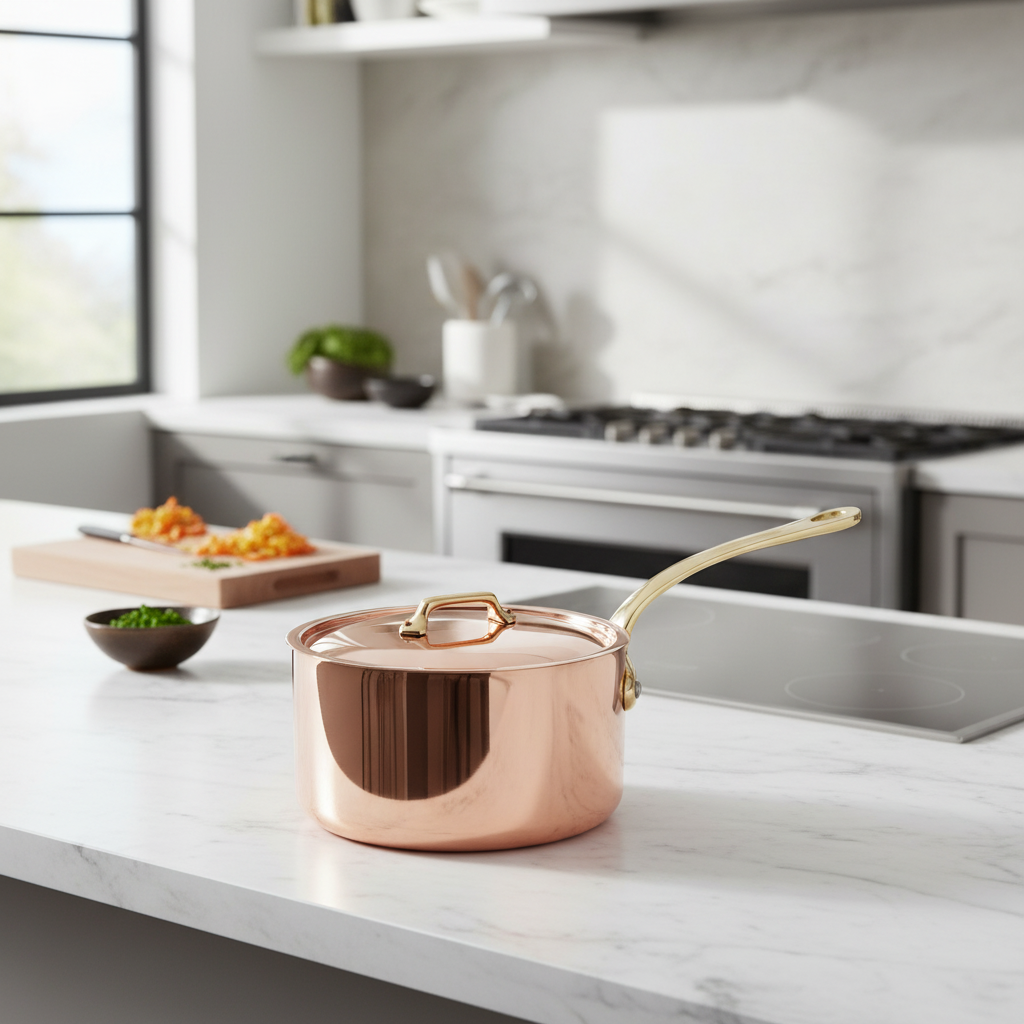 Mauviel M'Heritage M'200 B Sauce Pan With Lid, Brass Handle, 3.3-Qt - Mauviel1830