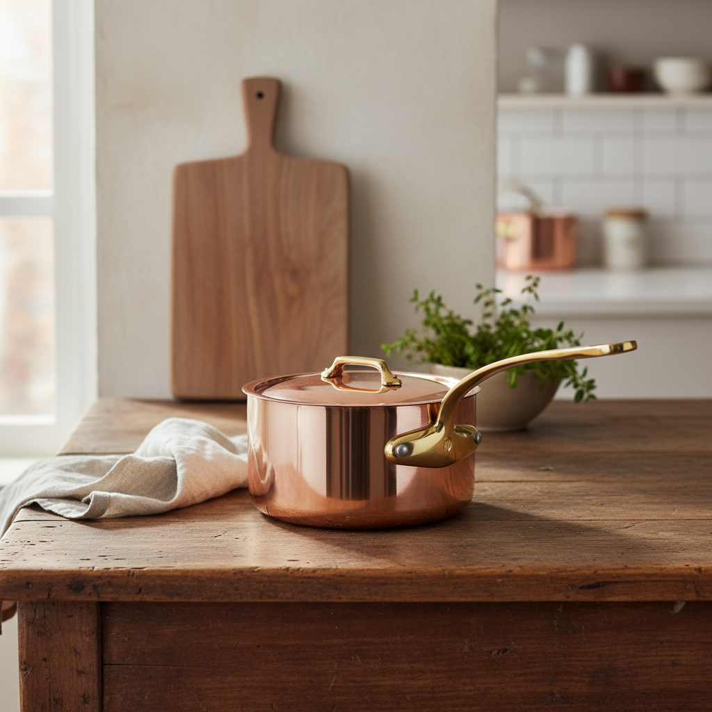 Mauviel M'Heritage M'200 B Sauce Pan With Lid, Brass Handle, 1.8-Qt - Mauviel1830