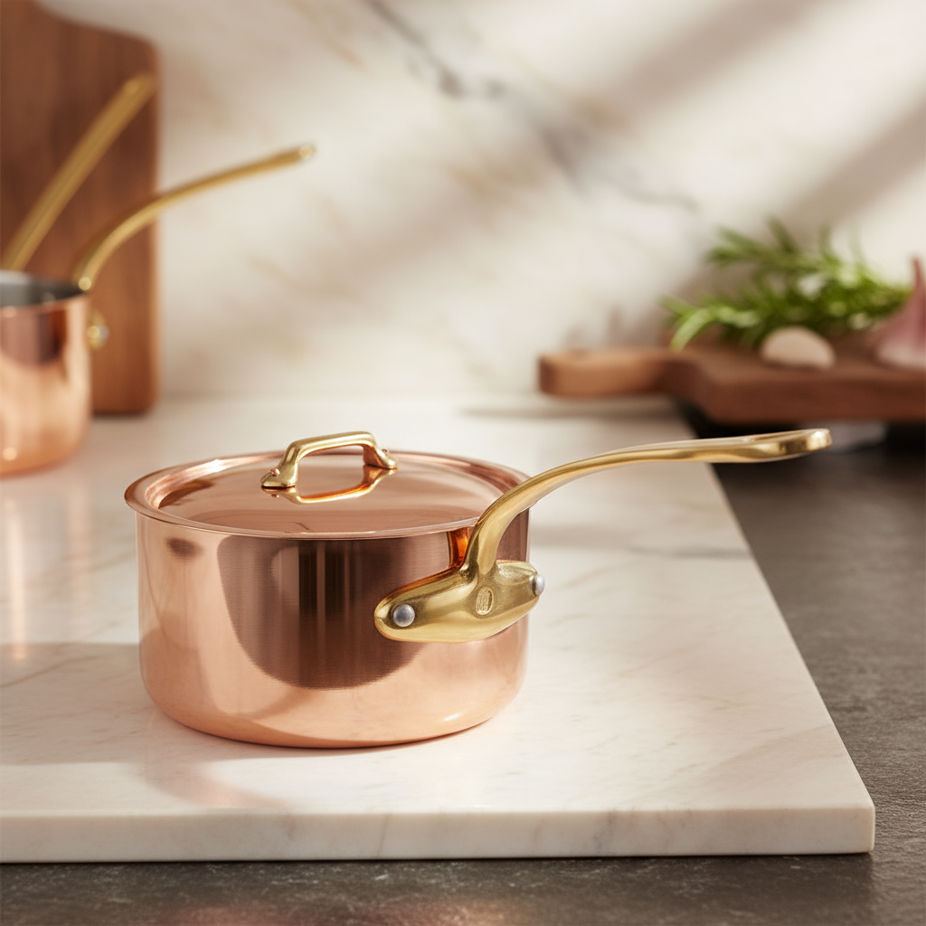 Mauviel M'Heritage M'200 B Sauce Pan With Lid, Brass Handle, 3.3-Qt - Mauviel1830
