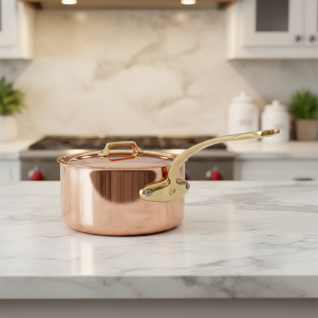 Mauviel M'Heritage M'200 B Copper Sauce Pan With Lid, Brass Handle, 2.6-Qt - Mauviel1830