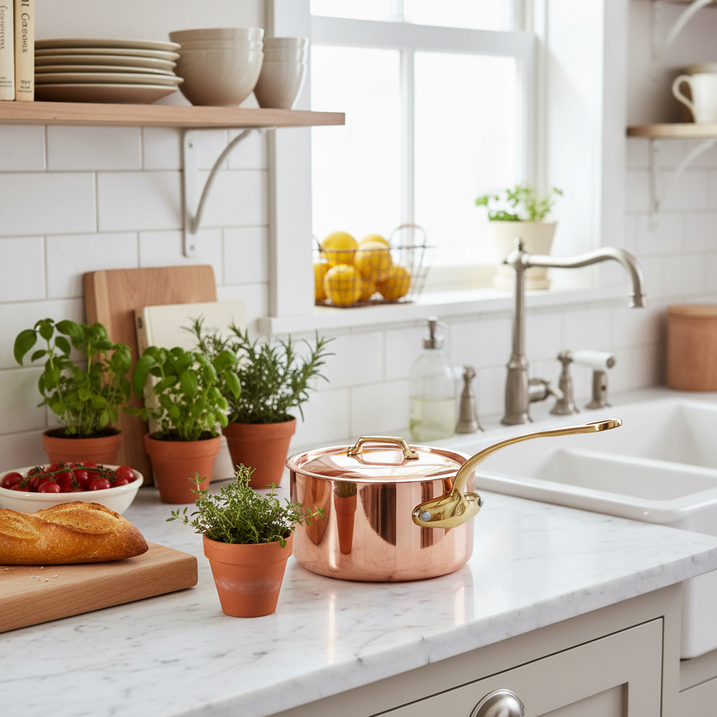 Mauviel M'Heritage M'250 B Copper Sauce Pan With Lid, Brass Handle - Mauviel1830