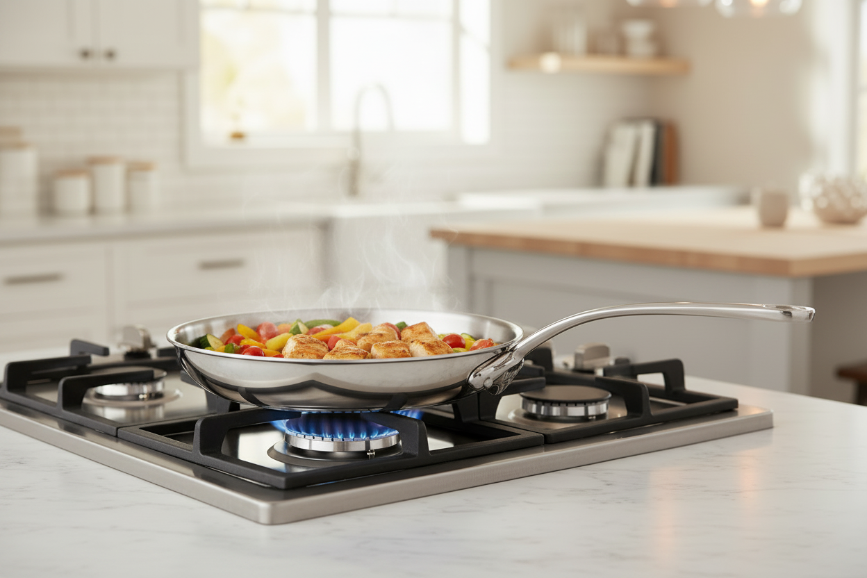 Mauviel M'COOK 5-ply stainless steel frying pan with cast stainless steel handle, showcasing a smooth, durable cooking surface.