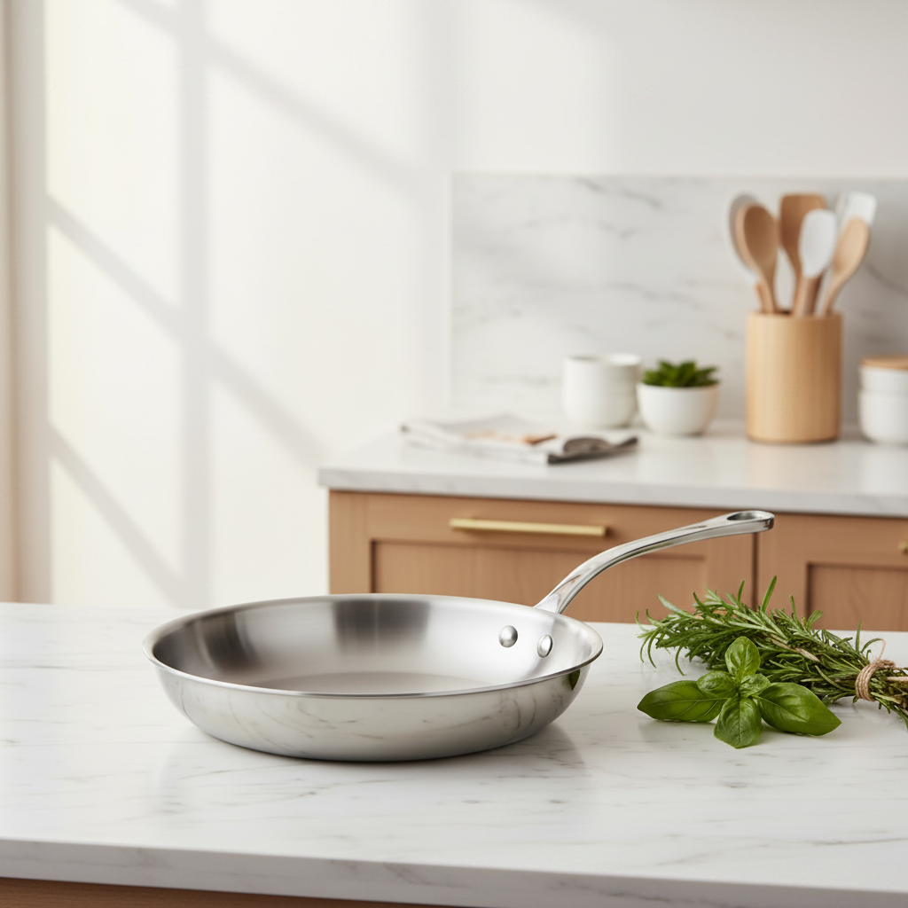 Mauviel M'COOK 5-ply stainless steel frying pan with cast handle, showing a shiny, durable cookware surface and ergonomic handle