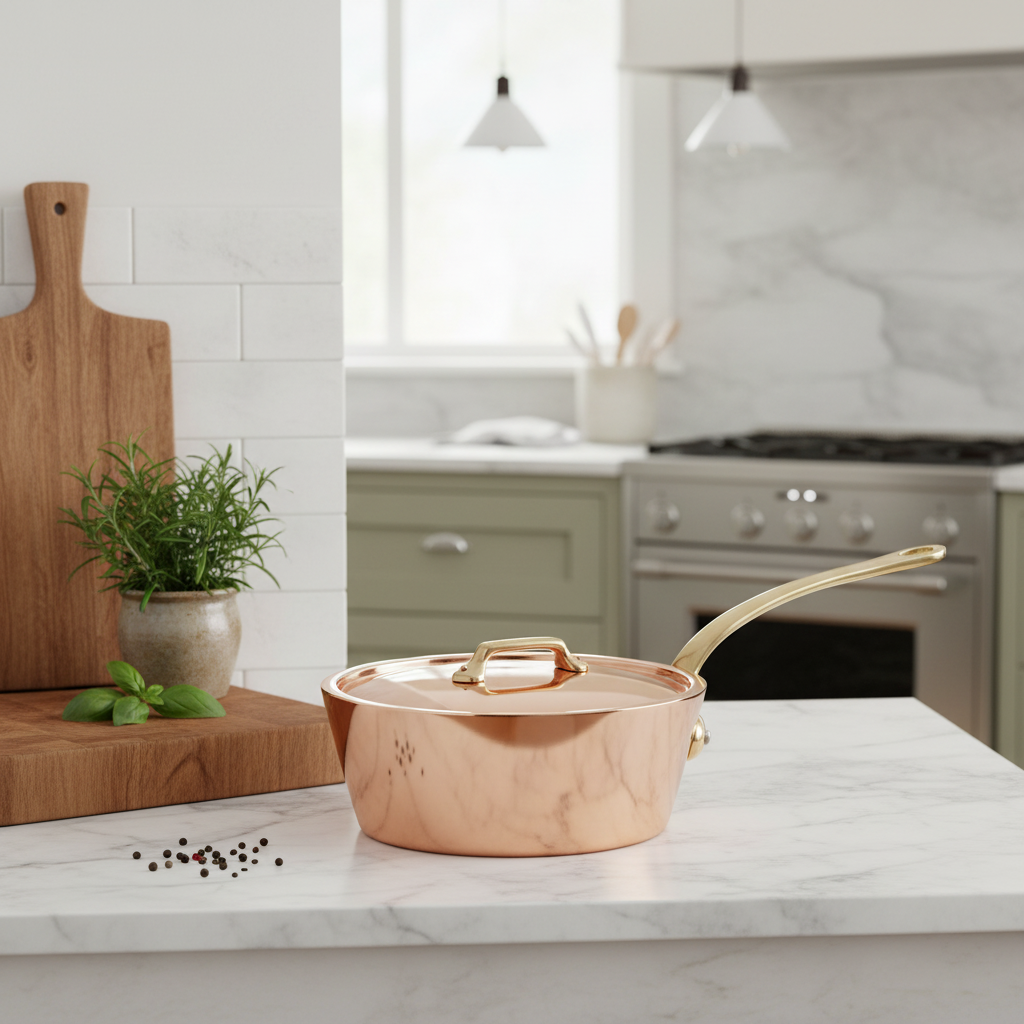 Mauviel M'Heritage M'250 B Copper Splayed Saute Pan With Lid, Brass Handle, 3.6-Qt - Mauviel1830