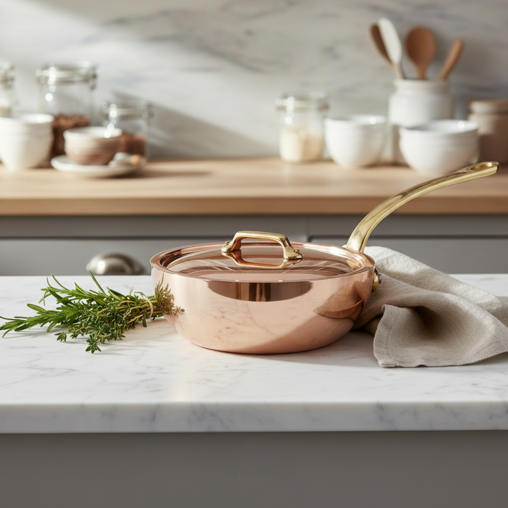 Mauviel M'Heritage M'200 B copper chef pan with brass handle and lid, showcasing its polished copper surface and sturdy construction