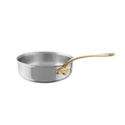 Mauviel M'COOK 1.8-quart 5-ply stainless steel saute pan with brass handle on a stovetop.