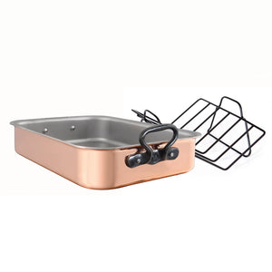 Mauviel 1830 Mauviel Copper Roasting Pan With Rack, Cast Iron Handles, 15.7 x 11.8-In Mauviel 1830 M'HERITAGE 200 CI Roasting Pan With Rack, Cast Iron Handles, 15.7 x 11.8-In - Mauviel USA